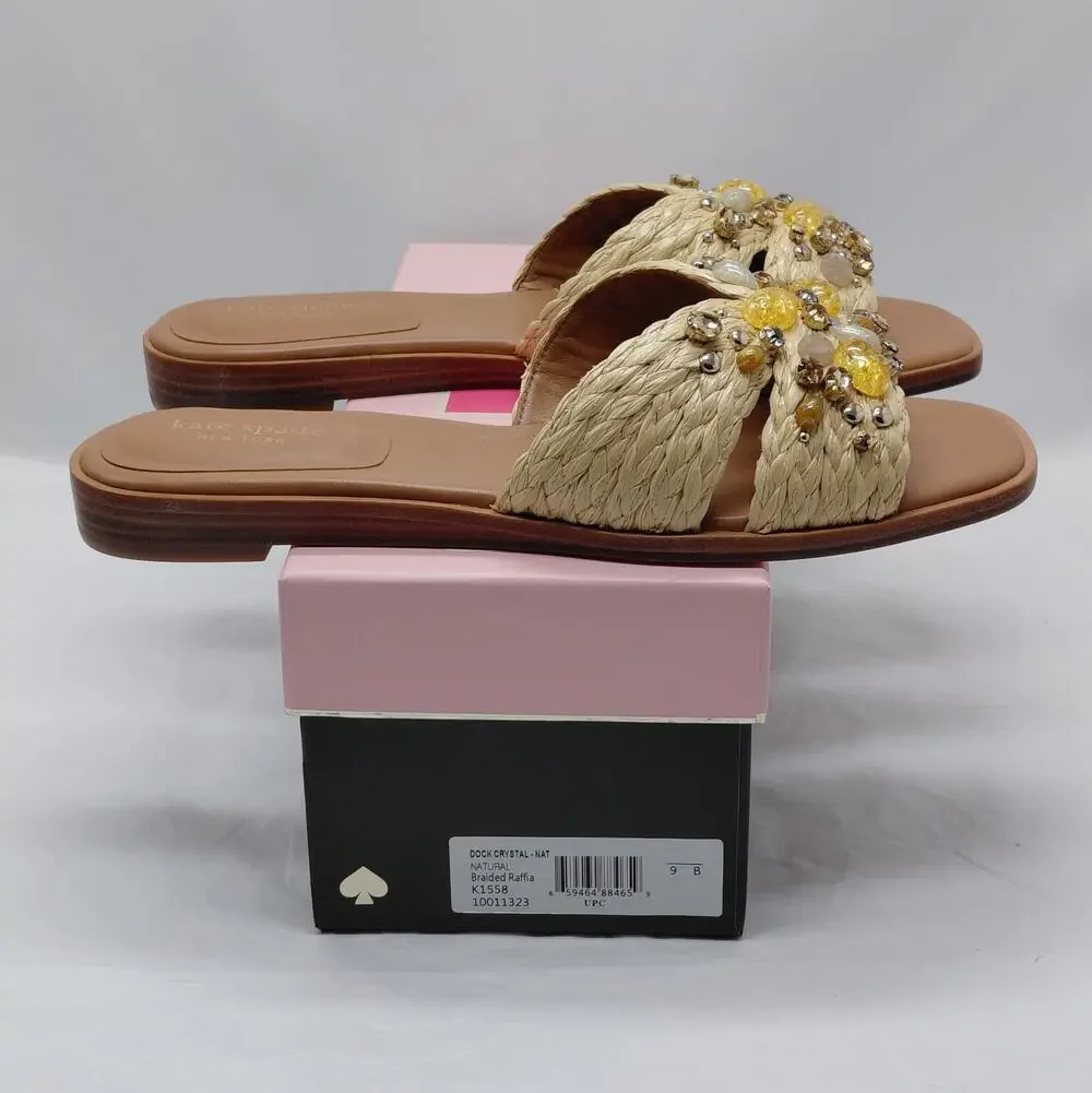 Kate Spade Womens Slide Sandals 9 Natural Raffia Crystal Beaded Boho Resort Shoe